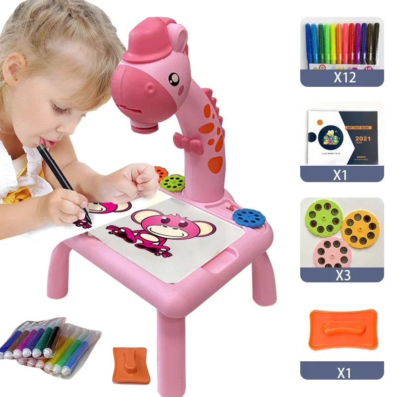 Brinquedo para crianças com projetor de rastreio e desenho, educativo para aprendizagem com 12 lápis de cor, atraente e inovador, seguro e fácil de usar para crianças de 3 a 8 anos