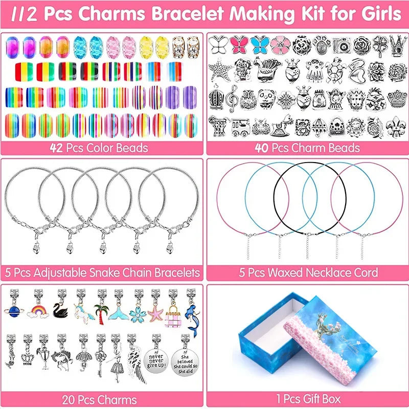 Kit de fabricação de pulseiras para meninas, 112 peças, kit de pulseiras com miçangas, pingentes de joias, pulseiras para artesanato DIY, joias de presente para meninas adolescentes